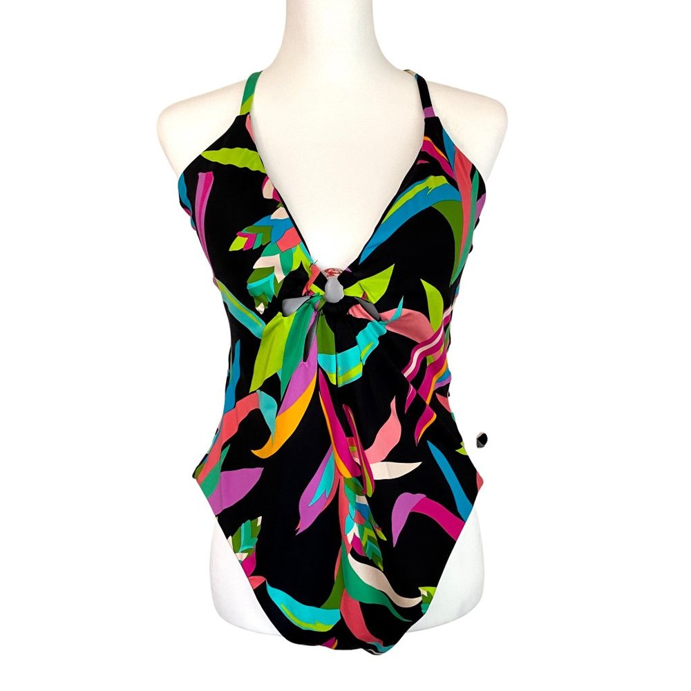 TRINA TURK Birds of Paradise Cut Out Maillot V-Neck One Piece Swimsuit / NWT/ 14